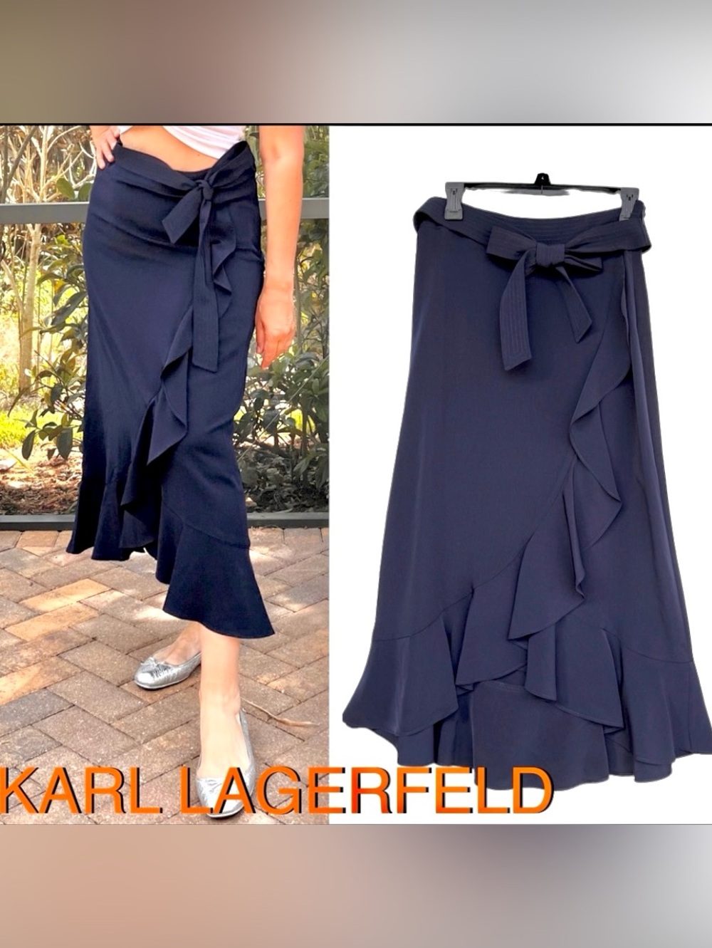 KARL LAGERFELD high low bow tie midi skirt size 4 navy